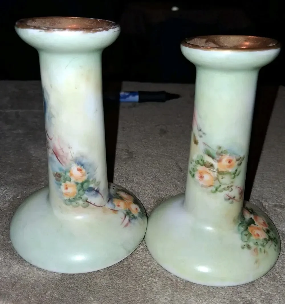 Antique Bernardaud Co Limoges France Hand Painted Candle Stick Holder flowers